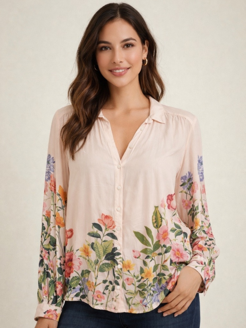 fig and flower‎ Pale Pink Floral Button-Down Blouse. Size Medium. NWT